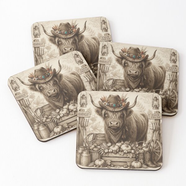 Item preview, Highland Cow in Cowboy Hat with Pumpkins and Rustic Fall Harvest Farm Decor designed and sold by RonanHalstead.