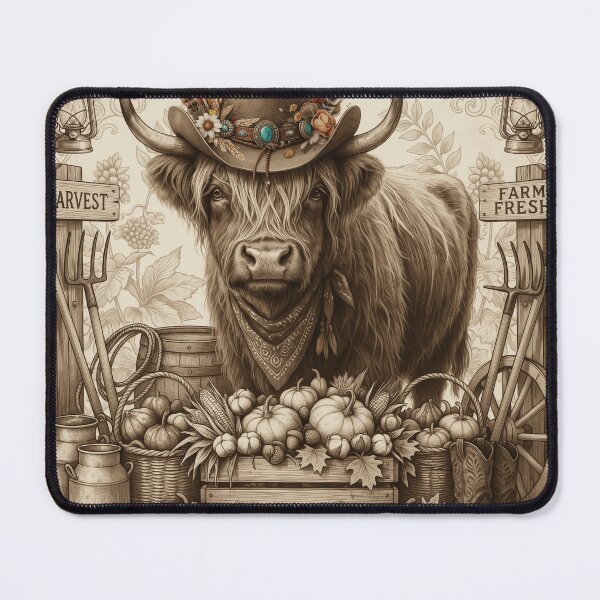 Item preview, Highland Cow in Cowboy Hat with Pumpkins and Rustic Fall Harvest Farm Decor designed and sold by RonanHalstead.