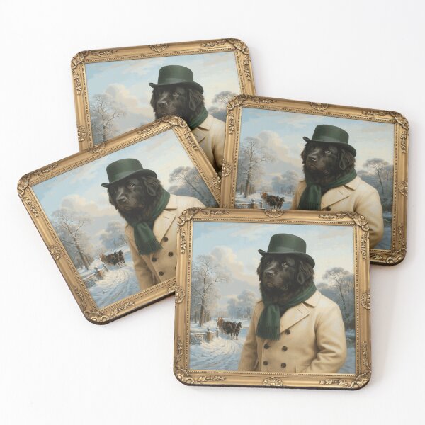 Item preview, Elegant Black Newfoundland Dog in Victorian Winter Coat and Green Top Hat Portrait designed and sold by RonanHalstead.