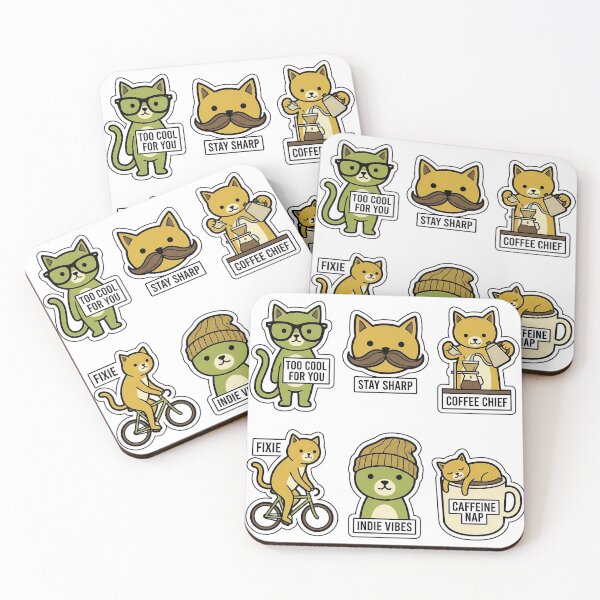 Item preview, Vintage Cat Hipster Glasses Sticker Pack - Retro Coffee & Nerd Puns designed and sold by SimpleP.