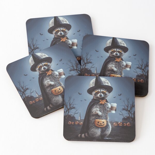Item preview, Funny Halloween Witch Raccoon with Pumpkin Candy Bucket and Coffee designed and sold by BeltranArnal.
