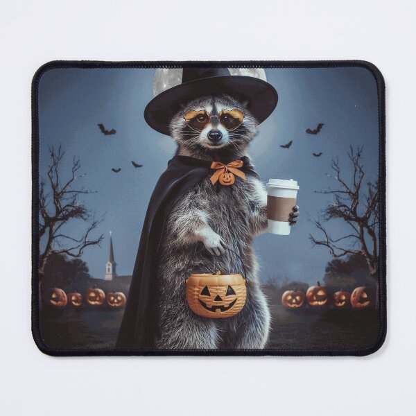 Item preview, Funny Halloween Witch Raccoon with Pumpkin Candy Bucket and Coffee designed and sold by BeltranArnal.