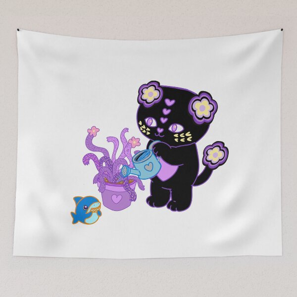 Item preview, Black love cat Cilla, watering her spooky house plant, with Sharkle, designed and sold by BritishDelights.