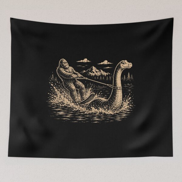 Item preview, Bigfoot Water Skiing Behind Nessie Cryptid designed and sold by CelidaBonde.