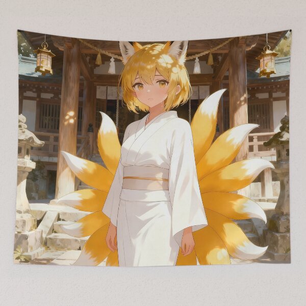 Item preview, Cute Gold Kitsune Anime Girl Shrine White Kimono designed and sold by Myanimegirlshop.