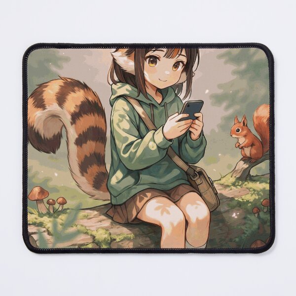 Item preview, Cute Anime Squirrel Girl Using a Smartphone in a Peaceful Woodland Forest designed and sold by SorenDuvall.