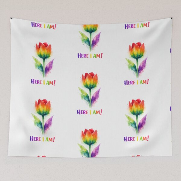 Item preview, Mexican coloured tulip on white background with 'HERE I AM ' quote designed and sold by wallartofmio.
