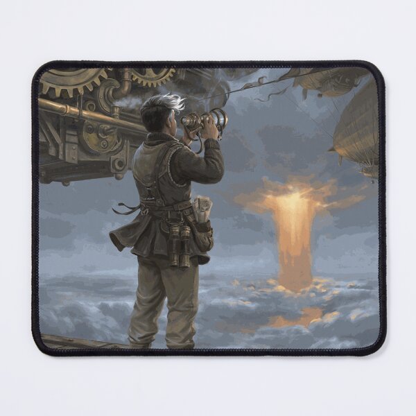 Item preview, Steampunk Sky Explorer Watching Airships Through a Telescope Above the Clouds designed and sold by ArlenWescott.