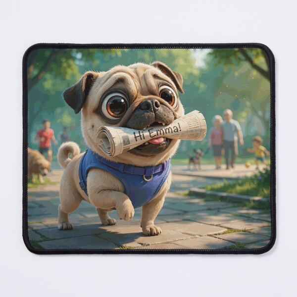 Item preview, Funny Cute Pug Delivering a Hi Emma Newspaper in a Sunny Park designed and sold by ArlenWescott.