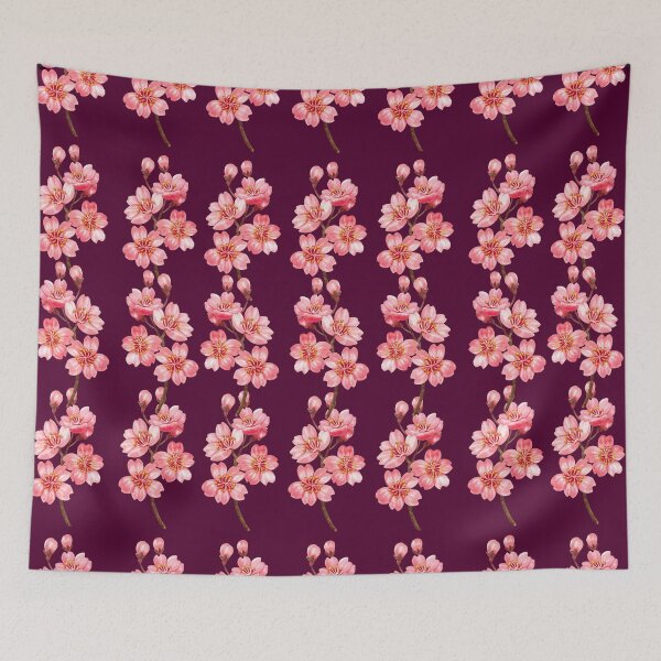 Item preview, ​Vintage Sakura Cherry Blossom Pattern on Deep Plum Purple designed and sold by ​Jyoti Digital Artist.