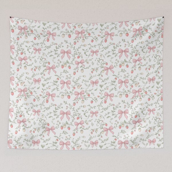 Item preview, Coquette Strawberry Bow Pattern, Pink Strawberry Seamless Floral Print, Cottagecore Aesthetic, Cute Feminine Design for Mugs, Tumblers, Fabric & Gifts designed and sold by Raw Tigers.