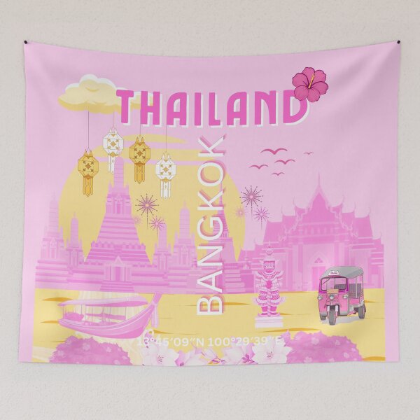 Item preview, Bangkok Thailand Travel Poster | Pink Thai Temple Wall Art | Retro Travel Print | Thai Aesthetic Illustration designed and sold by Magic Love Art Print.