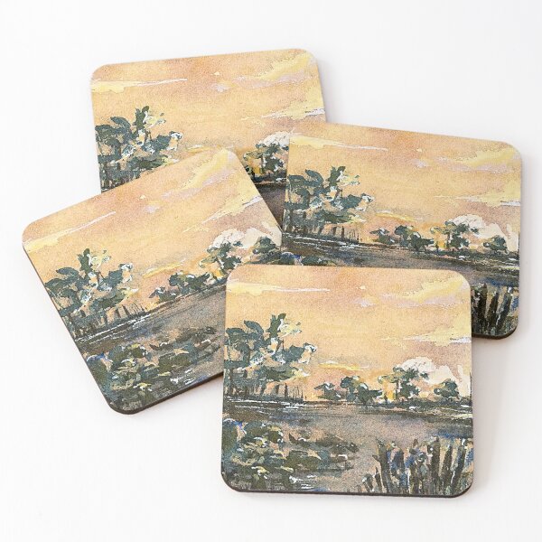 Item preview, Golden Sunset Lake Watercolor Landscape designed and sold by ArdanaMilsman.