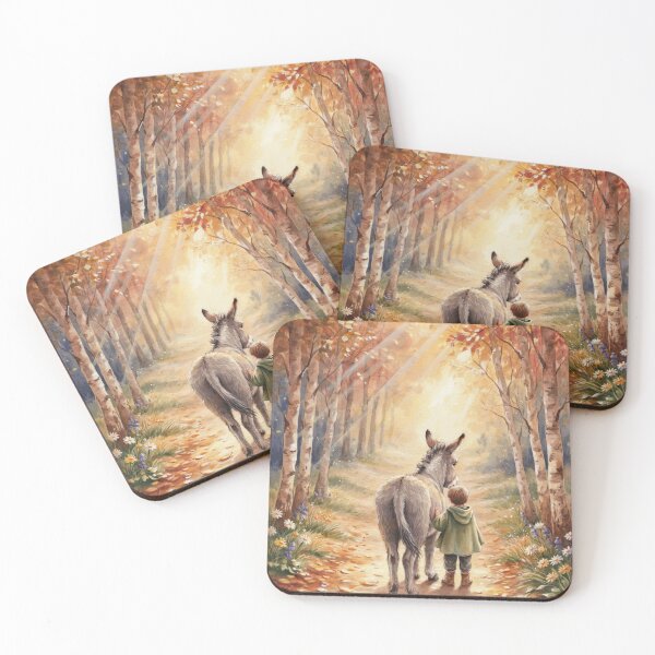 Item preview, Young Boy Walking with a Donkey Through a Sunlit Autumn Forest Path designed and sold by DarianSutter.