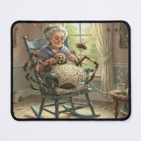 Item preview, Funny Grandma Knitting a Giant Spider Web in a Cozy Vintage Living Room designed and sold by DarianSutter.