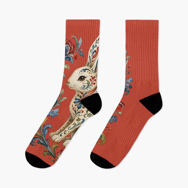 Item preview, Scandinavian Folk Art Rabbit Illustration – Rosemaling Style Design Art designed and sold by MagicMakerPh.