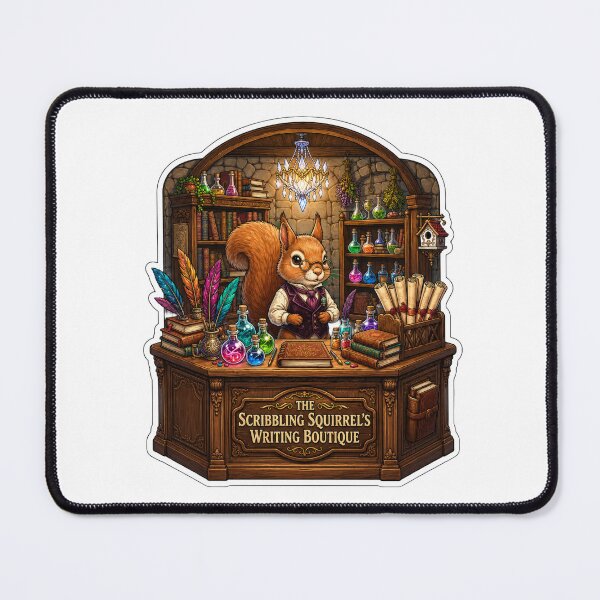 Item preview, The Scribbling Squirrel's Writing Boutique | Fantasy Stationery Shop | Magical Writer's Studio | Woodland Bookshop | Cottagecore Squirrel designed and sold by MrDev.
