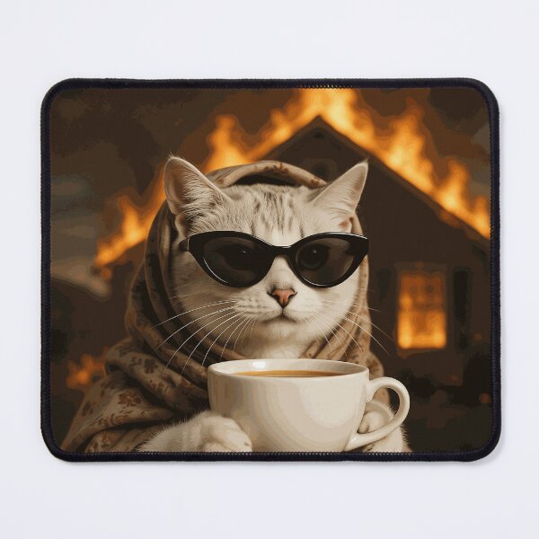 Item preview, Funny Calm Cat Wearing Sunglasses and Drinking Coffee While the House Burns designed and sold by DarianSutter.