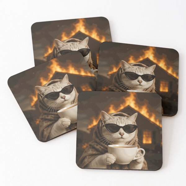 Item preview, Funny Calm Cat Wearing Sunglasses and Drinking Coffee While the House Burns designed and sold by DarianSutter.
