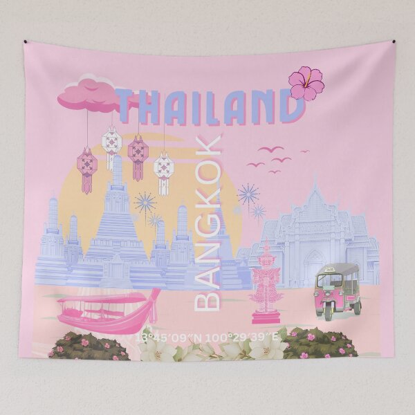 Item preview, Bangkok Thailand Pastel Travel Poster | Cute Thai Temple Wall Art | Pink & Blue Bangkok Illustration designed and sold by Magic Love Art Print.