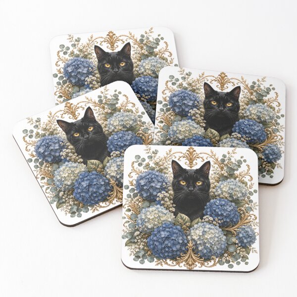 Item preview, Elegant Black Cat with Blue Hydrangeas | Vintage Botanical Floral Art designed and sold by MoodLay.