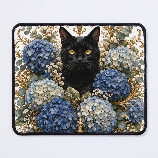 Item preview, Elegant Black Cat with Blue Hydrangeas | Vintage Botanical Floral Art designed and sold by MoodLay.