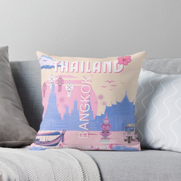 Item preview, Bangkok Thailand Pastel Travel Poster | Blue & Pink Thai Temple Wall Art | Retro Bangkok Illustration designed and sold by Magic Love Art Print.