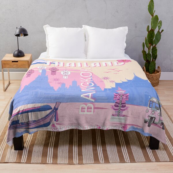 Item preview, Bangkok Thailand Pastel Travel Poster | Blue & Pink Thai Temple Wall Art | Retro Bangkok Illustration designed and sold by Magic Love Art Print.