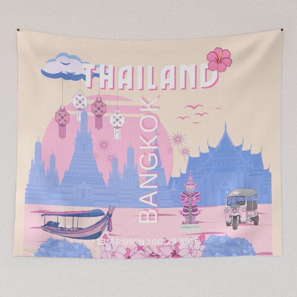 Item preview, Bangkok Thailand Pastel Travel Poster | Blue & Pink Thai Temple Wall Art | Retro Bangkok Illustration designed and sold by Magic Love Art Print.