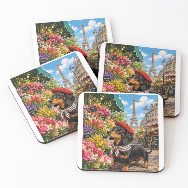 Item preview, Doxie wearing a beret and scarf buying flowers in France designed and sold by Nomad-Paws.