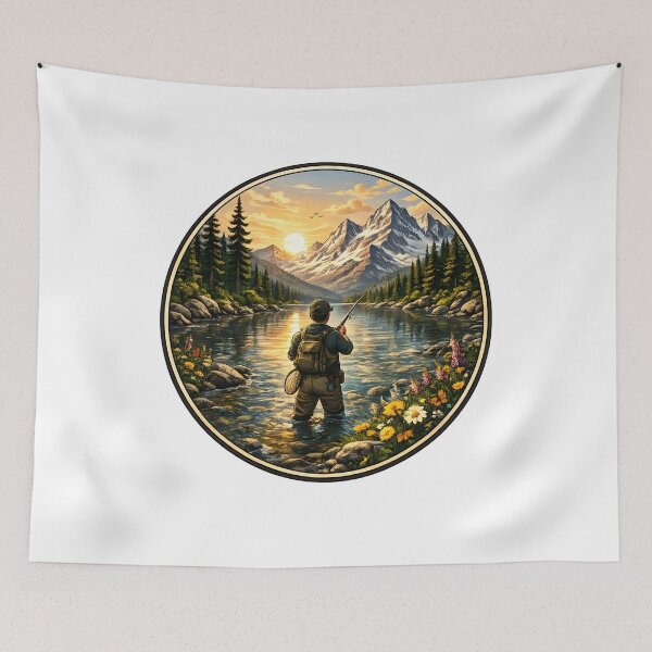 Item preview, Alpine Fly Fishing Sunset Badge designed and sold by DariaOltes.