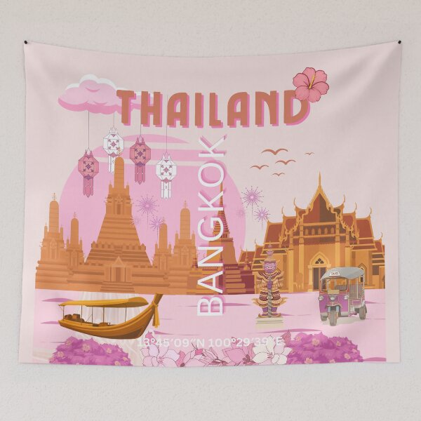 Item preview, Bangkok Thailand Boho Travel Poster | Sunset Thai Temple Wall Art | Retro Bangkok Illustration designed and sold by Magic Love Art Print.