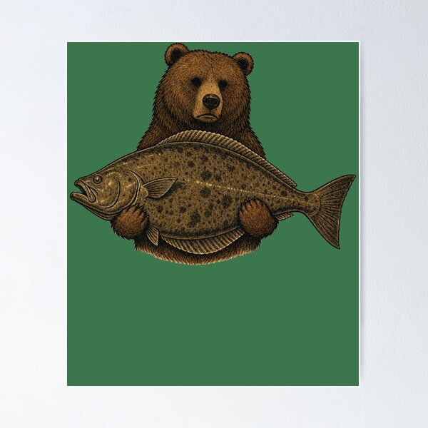 Item preview, Bear Catching Halibut Fish Vintage Art designed and sold by MonsoonInkX.