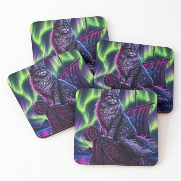 Item preview, Viking Cat Norwegian Forest Aurora Longship Art designed and sold by MonsoonInkX.