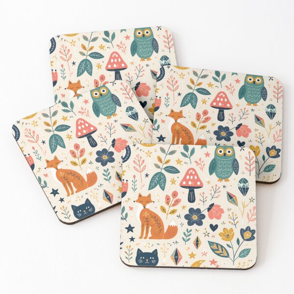 Item preview, Woodland Animal Pattern | Fox Owl Cat Mushroom Folk Art Design designed and sold by My Gluten Free Life UK.