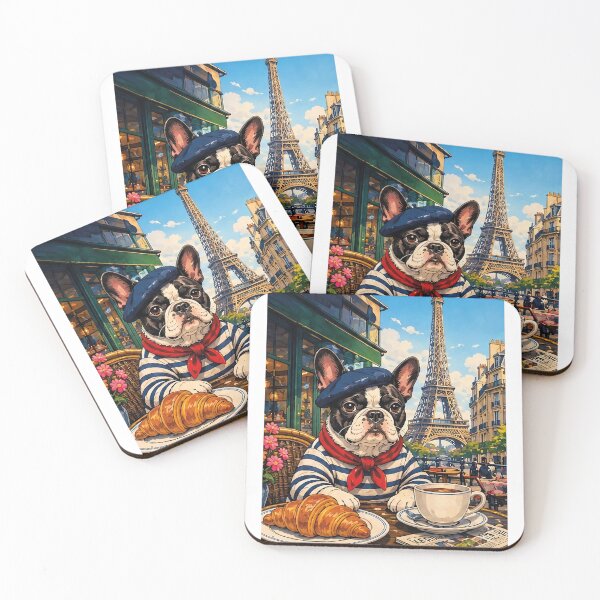 Item preview, French Bulldog having breakfast with a croissant in a cafe opposite the Eiffel Tower designed and sold by Nomad-Paws.
