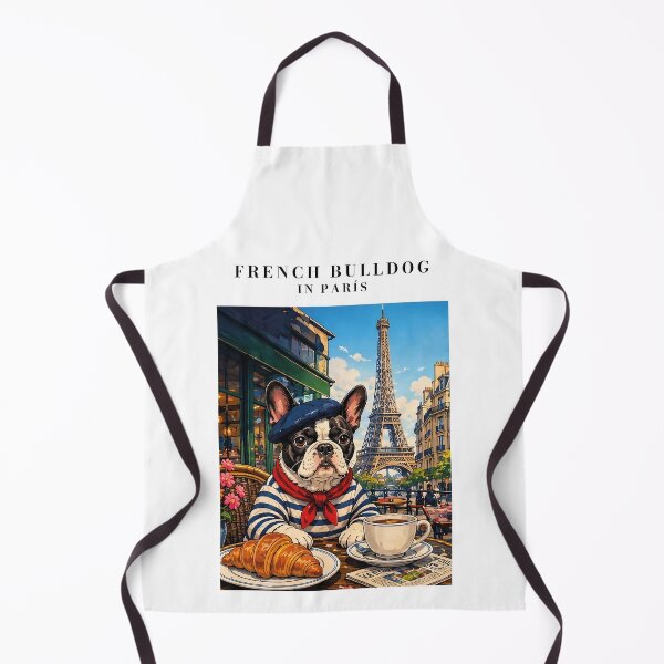 Item preview, French Bulldog having breakfast with a croissant in a cafe opposite the Eiffel Tower designed and sold by Nomad-Paws.