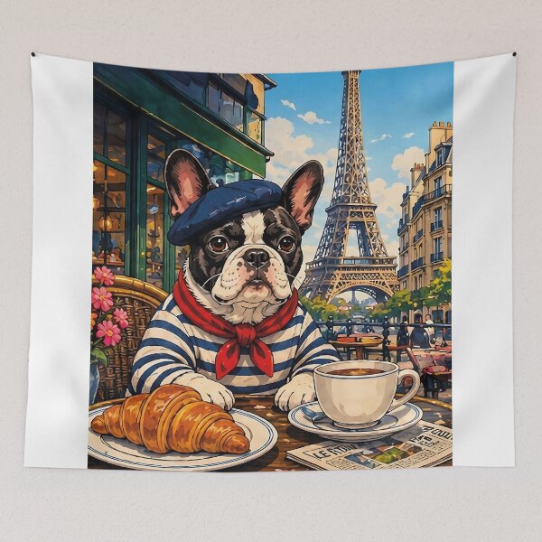 Item preview, French Bulldog having breakfast with a croissant in a cafe opposite the Eiffel Tower designed and sold by Nomad-Paws.