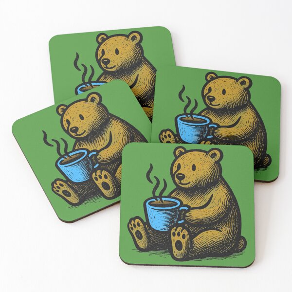 Item preview, Cute Bear Drinking Coffee Tea Cocoa Colorful Linework Green designed and sold by InkyCorvid.