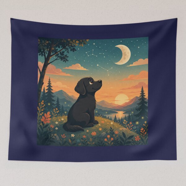 Artikelvorschau, Sternennacht – Schwarzer Labrador unter den Sternen | Gemütliche Fantasy-Naturillustration entworfen und verkauft von Goodthingstree.
