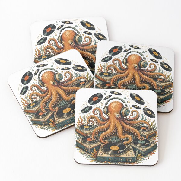 Item preview, Octopus DJ | Vintage Vinyl Turntable Retro Music Illustration designed and sold by Golden Era Studio.
