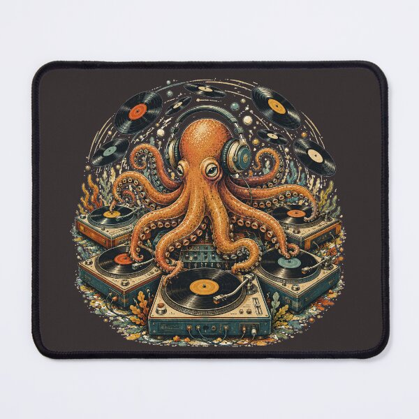 Item preview, Octopus DJ | Vintage Vinyl Turntable Retro Music Illustration designed and sold by Golden Era Studio.