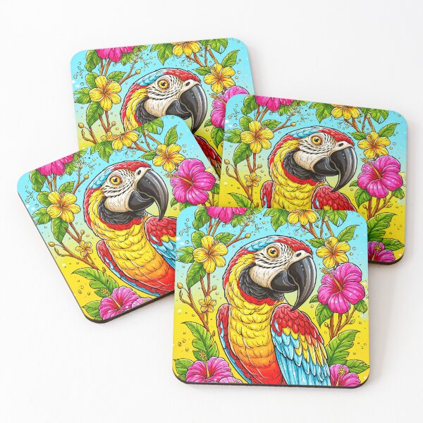 Item preview, Two colorful macaws among tropical orchids and exotic flowers – colorful illustration designed and sold by GabbyKI261.