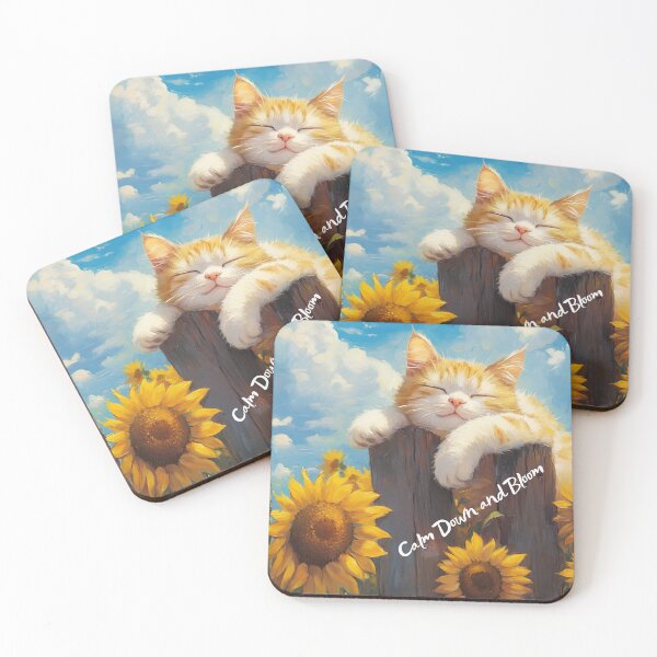 Item preview, Cute Sleeping Orange Kitten with Sunflowers | Whimsical Cottagecore Cat Art designed and sold by Psycho-Crazy.