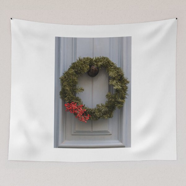 Item preview, Christmas Wreath With Red Berries Hanging On a Blue Front Door For Holiday Decor designed and sold by Nmallia.