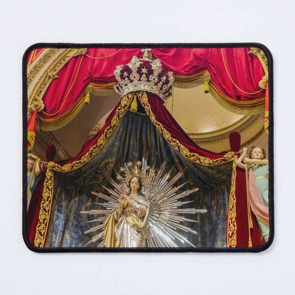 Item preview, Crowned Virgin Mary Statue on Ornate Altar With Angels and Red Drapery in Church Shrine designed and sold by Nmallia.