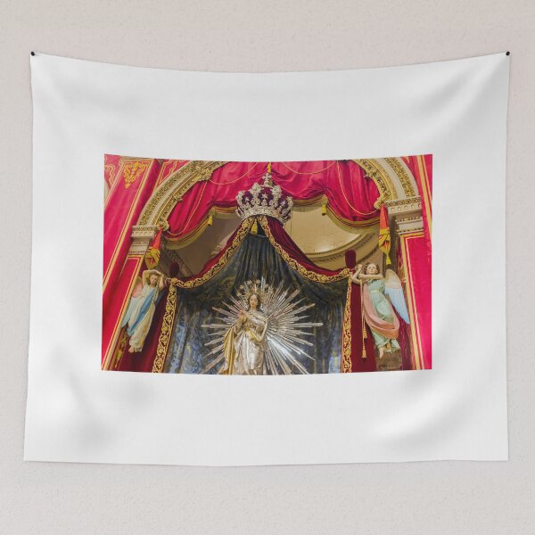 Item preview, Crowned Virgin Mary Statue on Ornate Altar With Angels and Red Drapery in Church Shrine designed and sold by Nmallia.