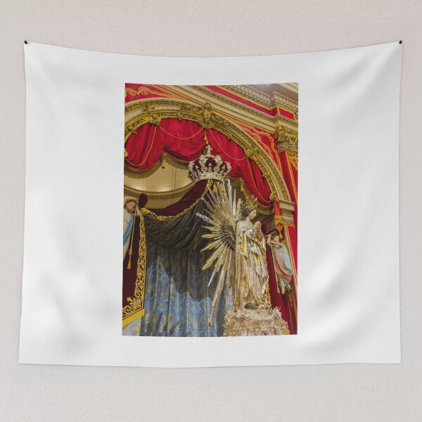 Item preview, Crowned Virgin Mary Statue on Ornate Altar With Angels and Red Drapery in Church Shrine designed and sold by Nmallia.
