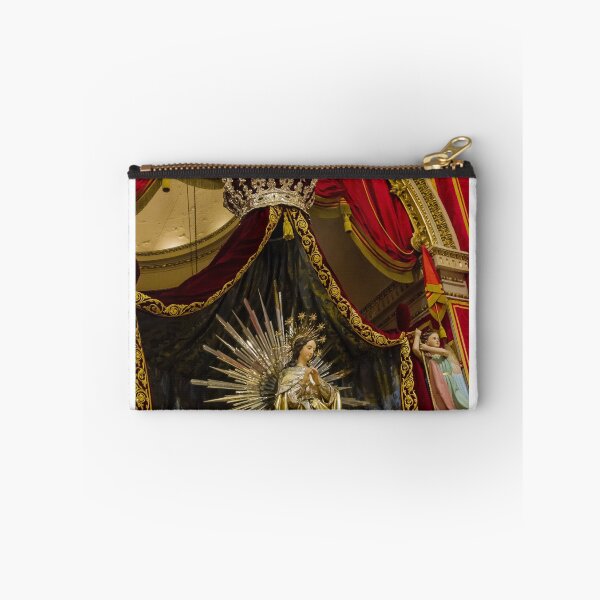Item preview, Crowned Virgin Mary Statue on Ornate Altar With Angels and Red Drapery in Church Shrine designed and sold by Nmallia.