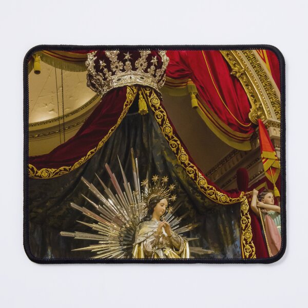 Item preview, Crowned Virgin Mary Statue on Ornate Altar With Angels and Red Drapery in Church Shrine designed and sold by Nmallia.